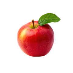 Fresh, ripe red apple with a vibrant green leaf, isolated on a clean trasparent background for a healthy and delicious snack