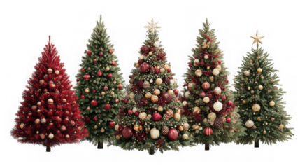 Five decorated christmas trees in red and gold isolated on transparent background