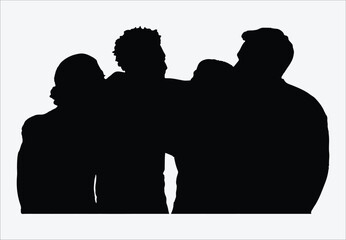 Diverse group of friends standing together in silhouette against a white background