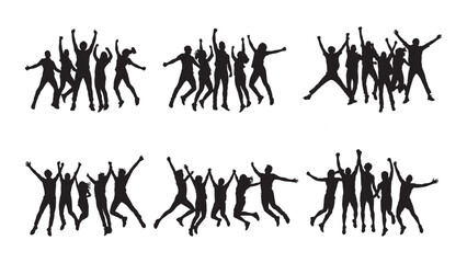 Diverse group of friends jumping and celebrating with arms raised in the air