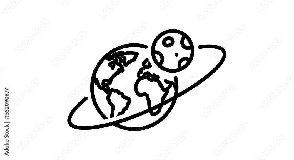 Poster depicting globe with orbiting satellite in simple line art