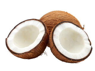 Two Halves Of A Whole Coconut With A Full Coconut Behind coconuts tropical fruit