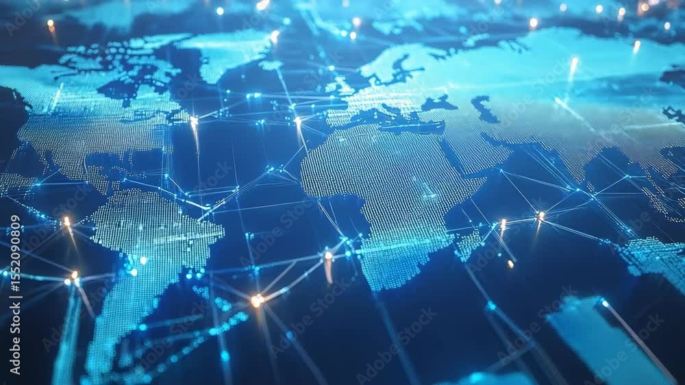 Poster dynamic network visualization depicting global supply chains in vibrant blue.