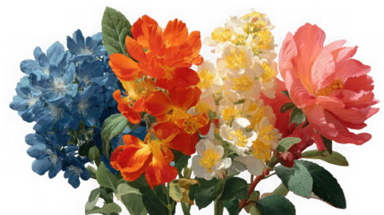 A vibrant bouquet of blue, orange, yellow, and pink flowers isolated on transparent background