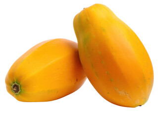 Two ripe yellow papayas with green stems on a fruit tropical