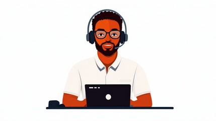 Smiling Customer Service Representative Wearing Headset and Glasses at Desk