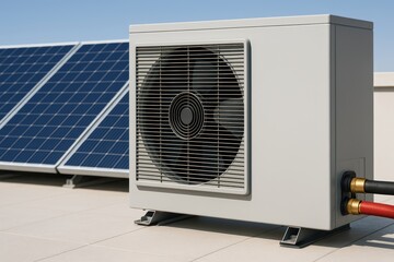 Air Conditioning Unit Next to Solar Panels on Rooftop with Clear Sky in Sunny Environment