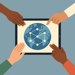 Hands Using Tablet to Access Global Network Concept with World Map and Connection Nodes