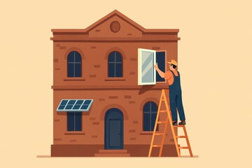 Worker Installing Window on Brown Brick House with Solar Panels and Ladder in Minimalist Style