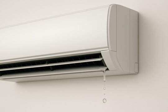 white wall-mounted air conditioner unit visibly leaking water isolated against clean background, emphasizing maintenance needs system issues. HVAC branding, repair services, seasonal safety campaigns