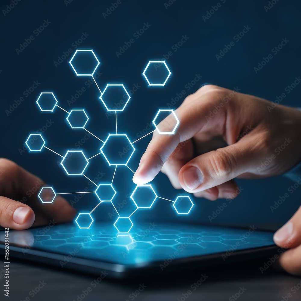 Poster futuristic technology concept with hands interacting with digital interface and abstract data patter