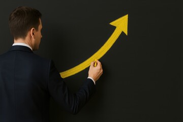 Businessman Drawing Yellow Arrow on Black Wall to Illustrate Growth and Success in Marketing Strategy