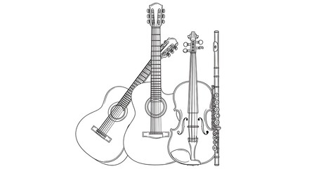 Fototapeta premium Musical Instruments Line Art Guitar Violin Flute Drawing