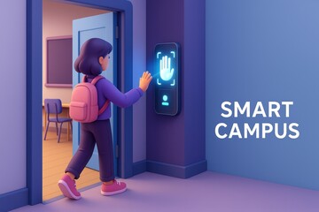 Student Entering Smart Classroom with Innovative Technology and Bright Modern Interior Design