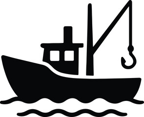 Silhouette Fishing boat with hook over water Vector Illustration