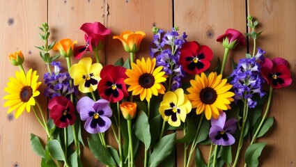 Colorful Spring Flowers Pansies Sunflowers Wooden Background