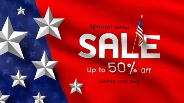 Patriotic USA Sale 50% Off promotional animation with a waving American flag and stars. Ideal for 4th of July, Memorial Day, and other national holiday shopping events.