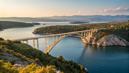 Obraz premium Aerial view of krk bridge croatia scenic landscape travel destination european architecture and nature beauty