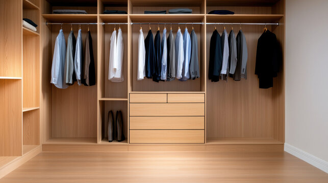 Spacious and organized closet featuring neatly hung shirts, blouses, and suits, complemented by wooden dresser and clean floor