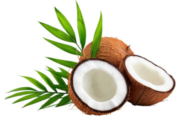 Whole and halved coconuts with green palm leaves tropical fruit