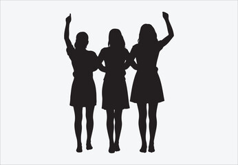 Fototapeta premium Three diverse women in flowing dresses walking together embracing friendship and unity, silhouettes of dancing girls