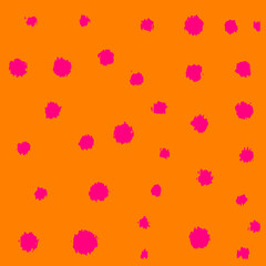 Bright orange background with scattered, vibrant pink splatter dots, creating a playful and energetic pattern.