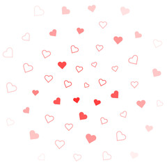 A whimsical array of scattered hearts in shades of red and pink on a white background, conveying love and affection.