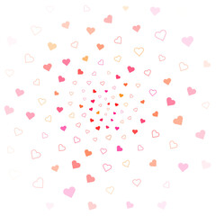 A whimsical spiral of hearts in varying shades of pink and red, radiating from a central point against a white background.