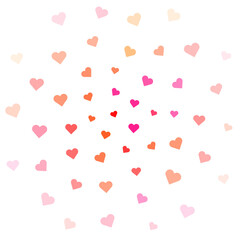 A swirling pattern of soft-colored hearts in shades of pink and orange against a white background, conveying a cheerful, loving atmosphere.