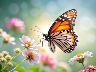 A monarch butterfly in flight over pink flowers