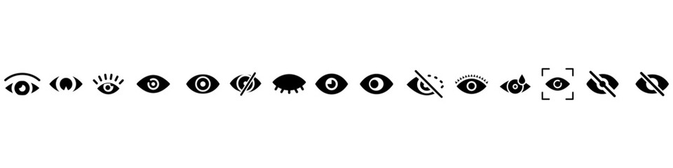 Obraz premium Eye vector icon set. Human eyes illustration sign collection. vision and view symbols. Eye icons. Visible, sleep and medicine supervision observe, lens or cry symbols set.