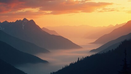 Obraz premium Majestic mountain range shrouded in mist during a vibrant orange and yellow sunset with dramatic clouds