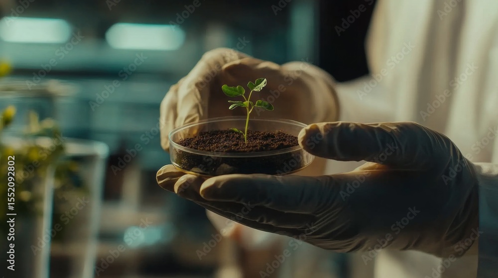 Poster scientist examining soil sample laboratory closeup image controlled environment vertical view scient