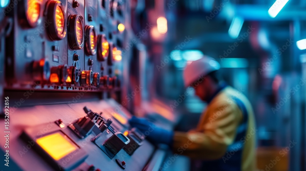 Poster exploring advanced technology closeup view of high-tech instruments in an industrial environment