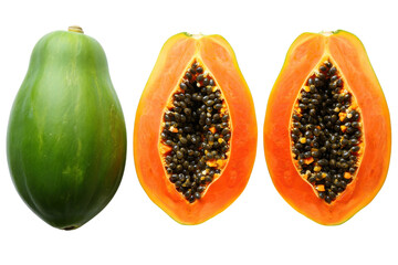 Whole green papaya and two halves of ripe orange papaya with seeds ripe papaya halves