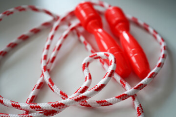 Red Jump rope on white background, top view