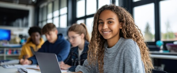 The smiling student engaging with technology in a collaborative classroom setting.