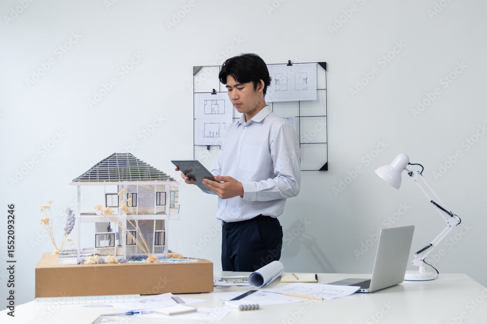 Aufkleber professional handsome asian project manager using tablet to check house model while inspect house mo