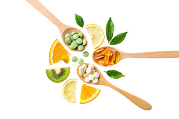 Wooden spoons filled with colorful pills and fresh fruit slices vitamins supplements