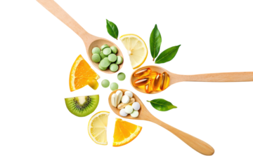 Wooden spoons filled with colorful pills and fresh fruit slices vitamins supplements