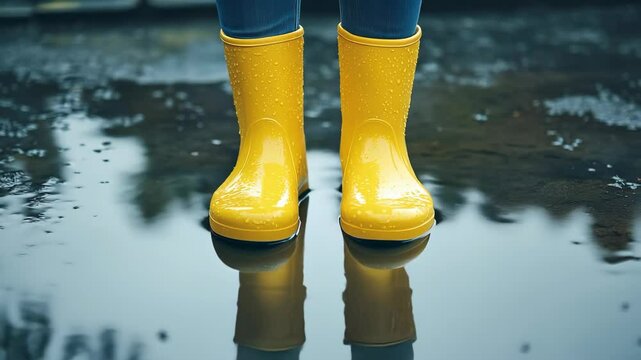 playful close-up of bright yellow rubber boots splashing in a puddle, creating concentric ripples and drops of water against a rainy city background
