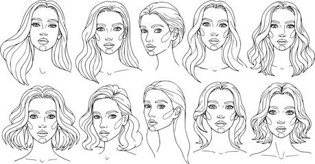 Fototapeta premium Abstract woman face with wavy hair. Black and white hand drawn line art. Outline vector illustration 
