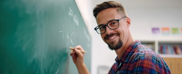 The teacher engaging students with a smile while writing on the chalkboard.