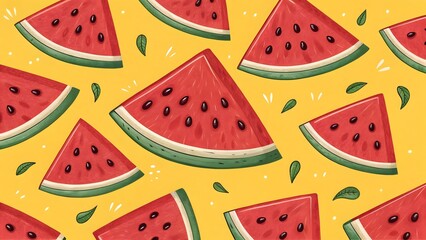 Vibrant Slices of Fresh Juicy Watermelon Pattern on a Sunny Yellow Background