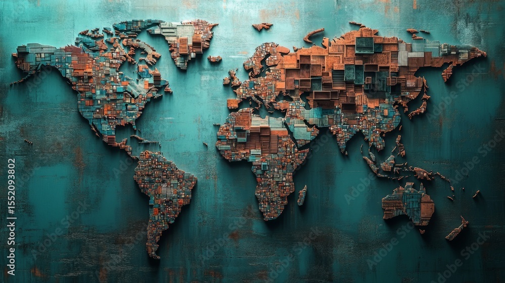 Poster fragmented world map visualization global concept art creation digital environment aerial view artis
