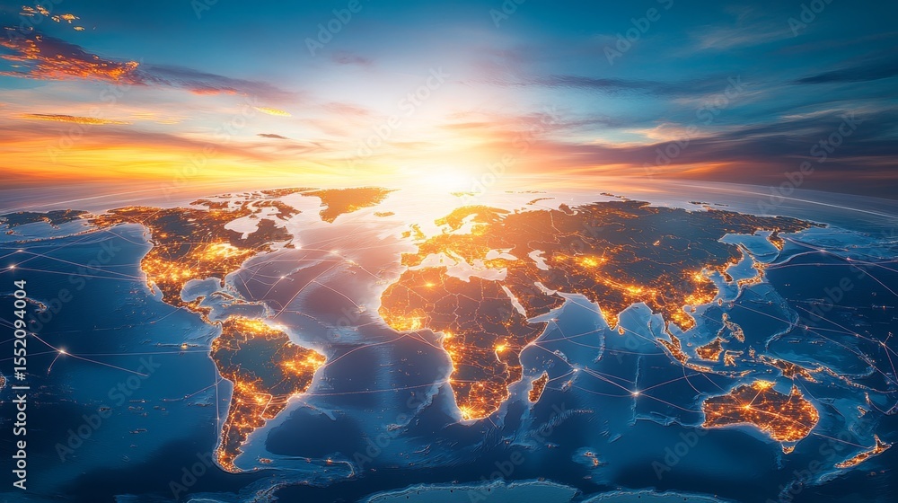 Aufkleber digital aerial view of world map visualizing global supply chains linking continents in a globalizat