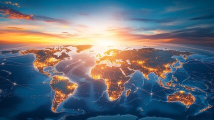 Digital aerial view of world map visualizing global supply chains linking continents in a globalization theme