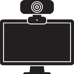 A black and white graphic of a computer monitor with a webcam attached to the top center