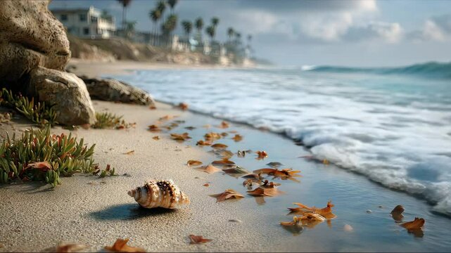 A serene beach scene featuring a shell on the shore and gentle ocean waves.