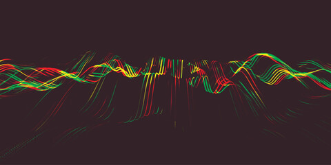Abstract background with dynamic colorful wave. Futuristic dotted wave of bright particles. Colorful background for presentation design. Wide format vector illustration. Plexus effect